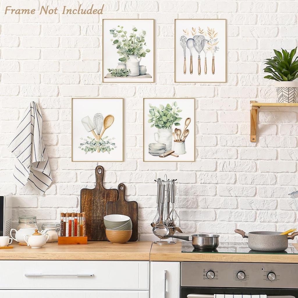 4 PCS Botanical Kitchen Wall Art Poster Sage Green Eucalyptus Leaves Prints, Boho Plant Wall Poster for Kitchen Dining Room Decor 8x10 in Unframed