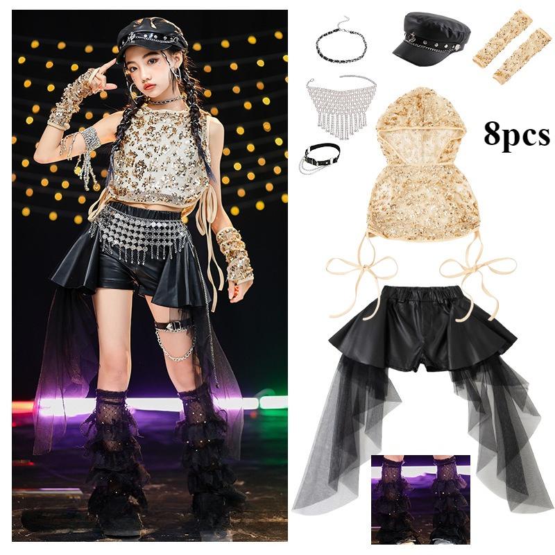 

Детский джазовый танец Костюмы для девочек Хип-хоп Девочки Хип-хоп Танцевальные костюмы Крутые и красивые Костюмы для сцены танцевальной группы 110 золотой