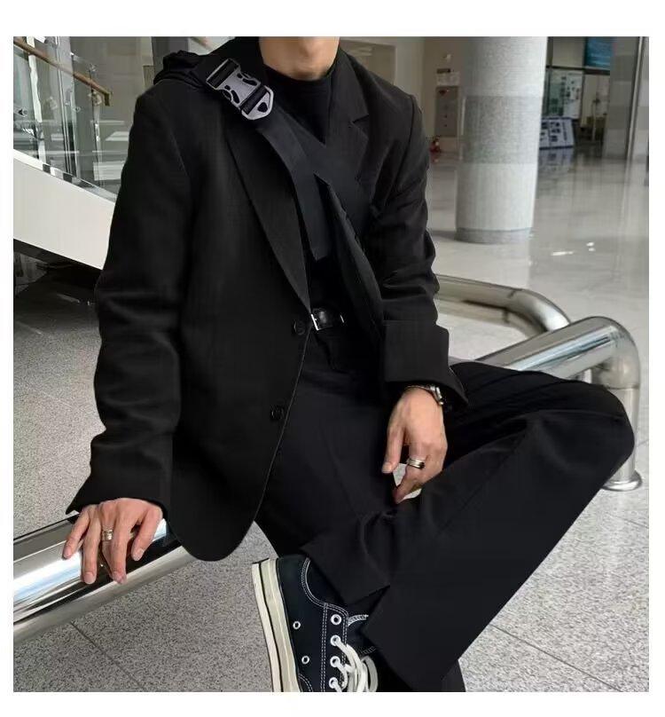 Men's High-End Black Casual Blazer - Korean Style with Shoulder Pads