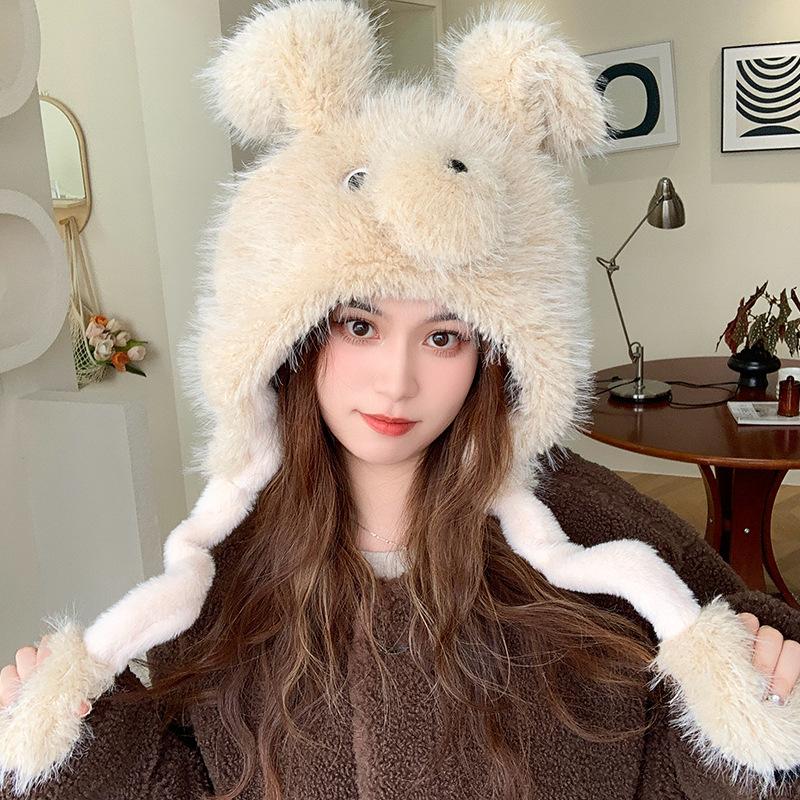 New Thickened Hairy Puppy Can Move Ears Hat for Women's Winter Warmth Lei Feng Hat Ear Protection Head Hat