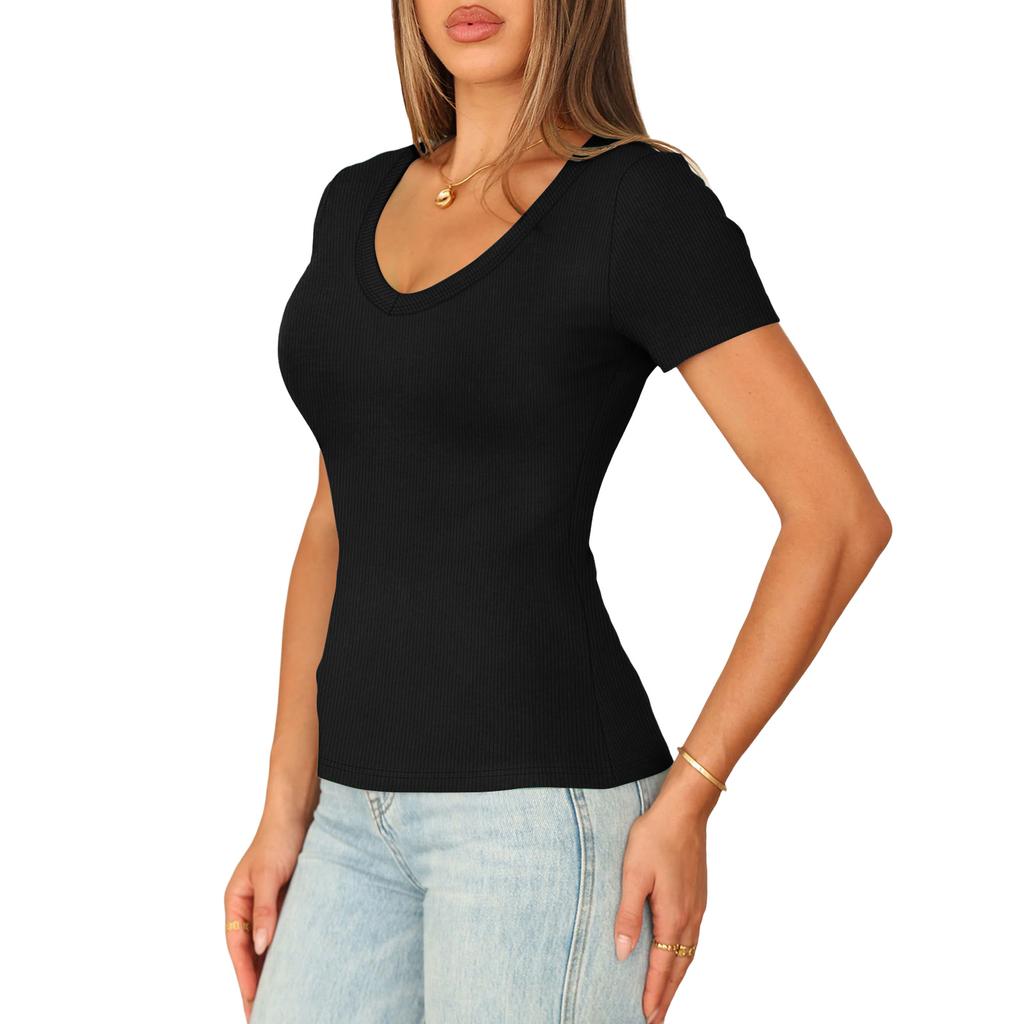 Women's Fashion Slim-Fit V-Neck Short-Sleeve T-Shirt Top