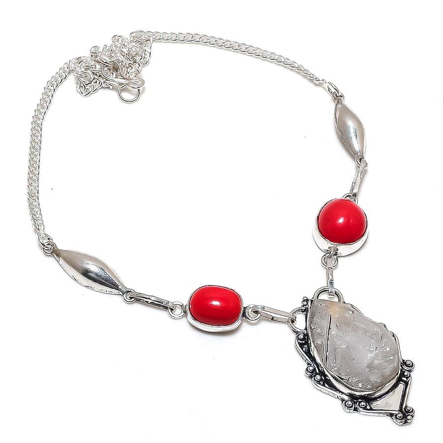 Natural Moonstone Rough, Coral 925 Sterling Silver Jewelry Necklace 18" R1m87