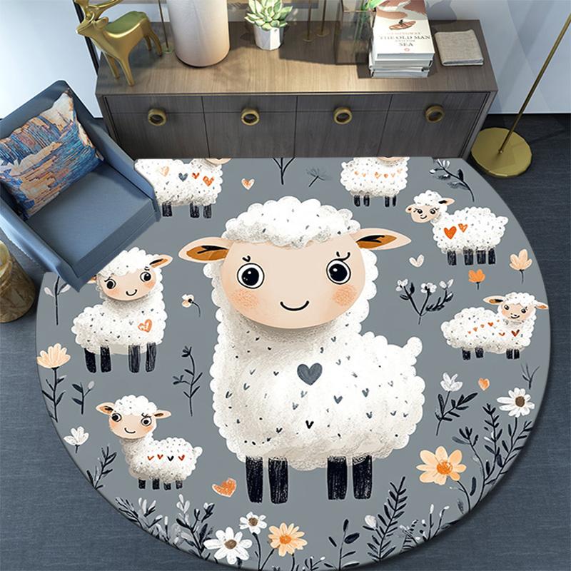 Cute Sheep Round Area Rug,Carpet Rug for Living Room Bedroom Sofa Playroom Decor,Non-slip Floor Mat