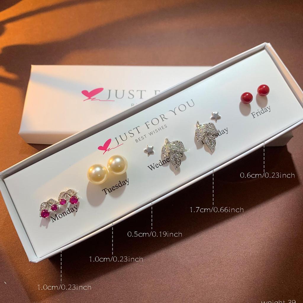 Weekly Earring Set: Flower Zircon Studs, Simple Ear Cuffs, Pearl Tassel French Earrings - 5 Pairs