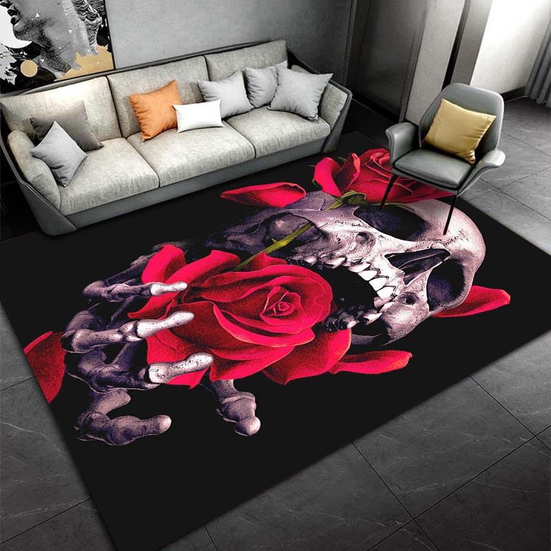 Gothic Skull and Red Roses Print Carpet with Black Background Suitable for use as an anti-slip for living room bedroom sofas