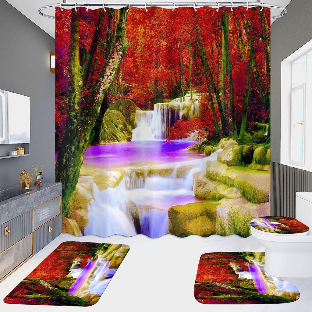 High Definition Digital Printing Shower Curtain Four-Piece Set Of Non-Punching Bathroom Bathroom Bathroom Partition Curtain Landscape