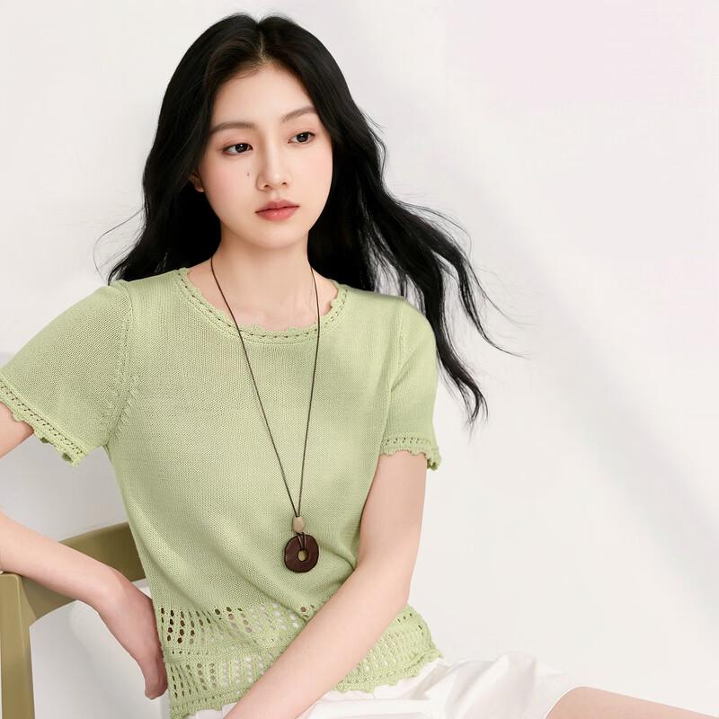 SanCai 2026 Summer Hollow-Out Knit Short-Sleeve Top