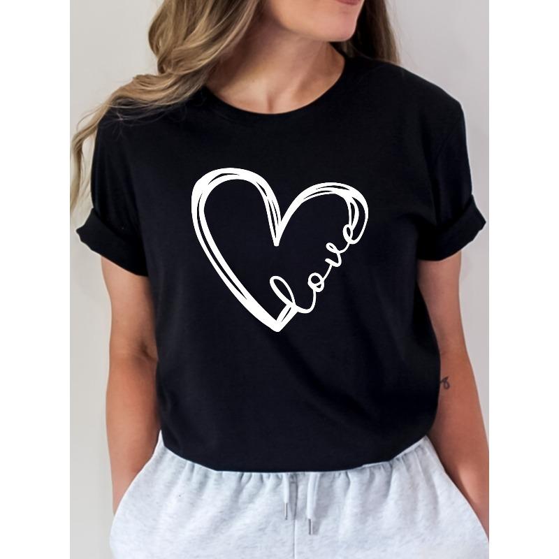 Love Heart Print T-shirt, Short Sleeve Crew Neck Casual Top for Summer & Spring, Women's Clothing