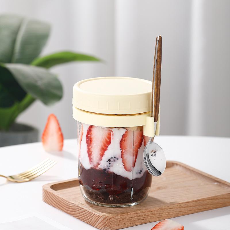 Overnight Oat Cup Transparent Glass Mason Cup Simple Portable Cereal Cup with Spoon Lid Yogurt Graduated Cup
