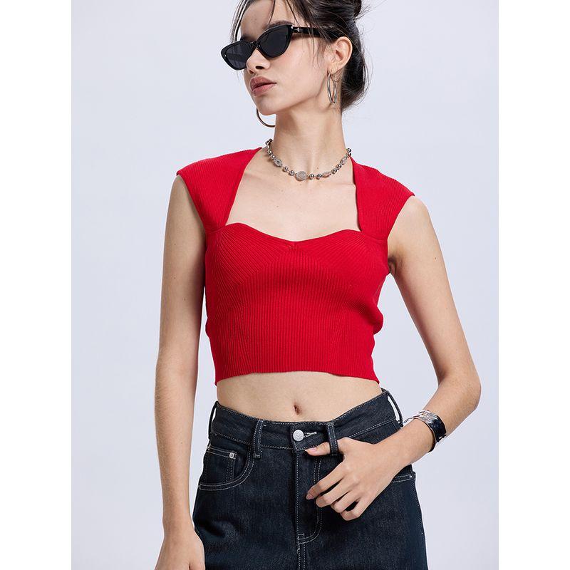 Za2025 Summer New Women clothes Solid Simple Elegant All-Match Heart-Shaped Collar Sleeveless Rib Simple T-shirt Top