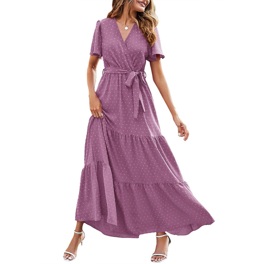 Women's Summer Bohemian Dot V-Neck Floating Short Sleeve Solid Color Tie Dresses