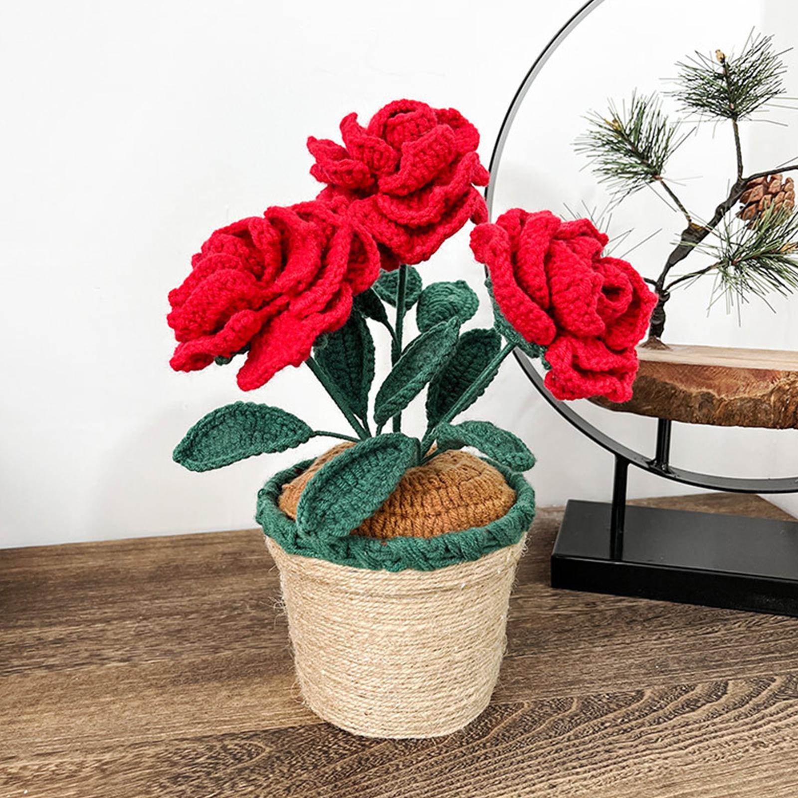 Hand-knitted Flower Crochet Rose Flower Potted Plant Finished Crochet Chinese Rose Decorative Flower Pot Ornaments 1