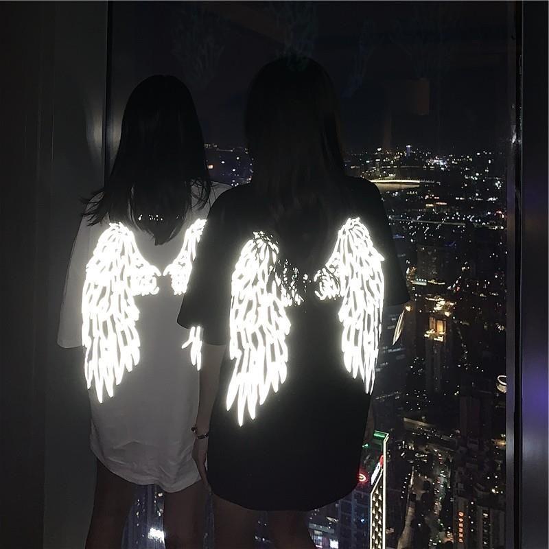 

Summer Goth Reflective Wings Short Sleeve T-shirt Men and Women Couple K-style Trendy Hip Hop Loose Plus Size Half Sleeve Pure White 4XL