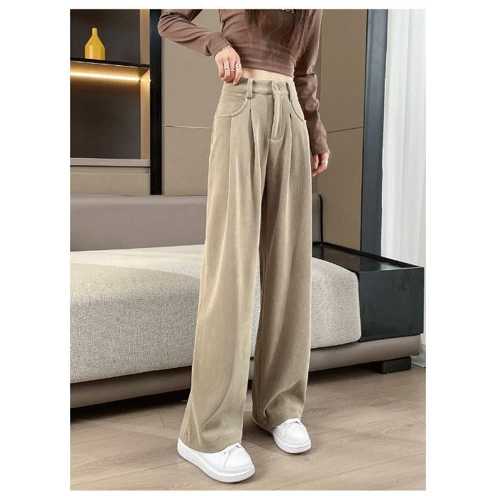 Narrow Wide-leg Pants for Women In Autumn and Winter New Retro High-waisted Slim Striped Straight-leg Pants Drape