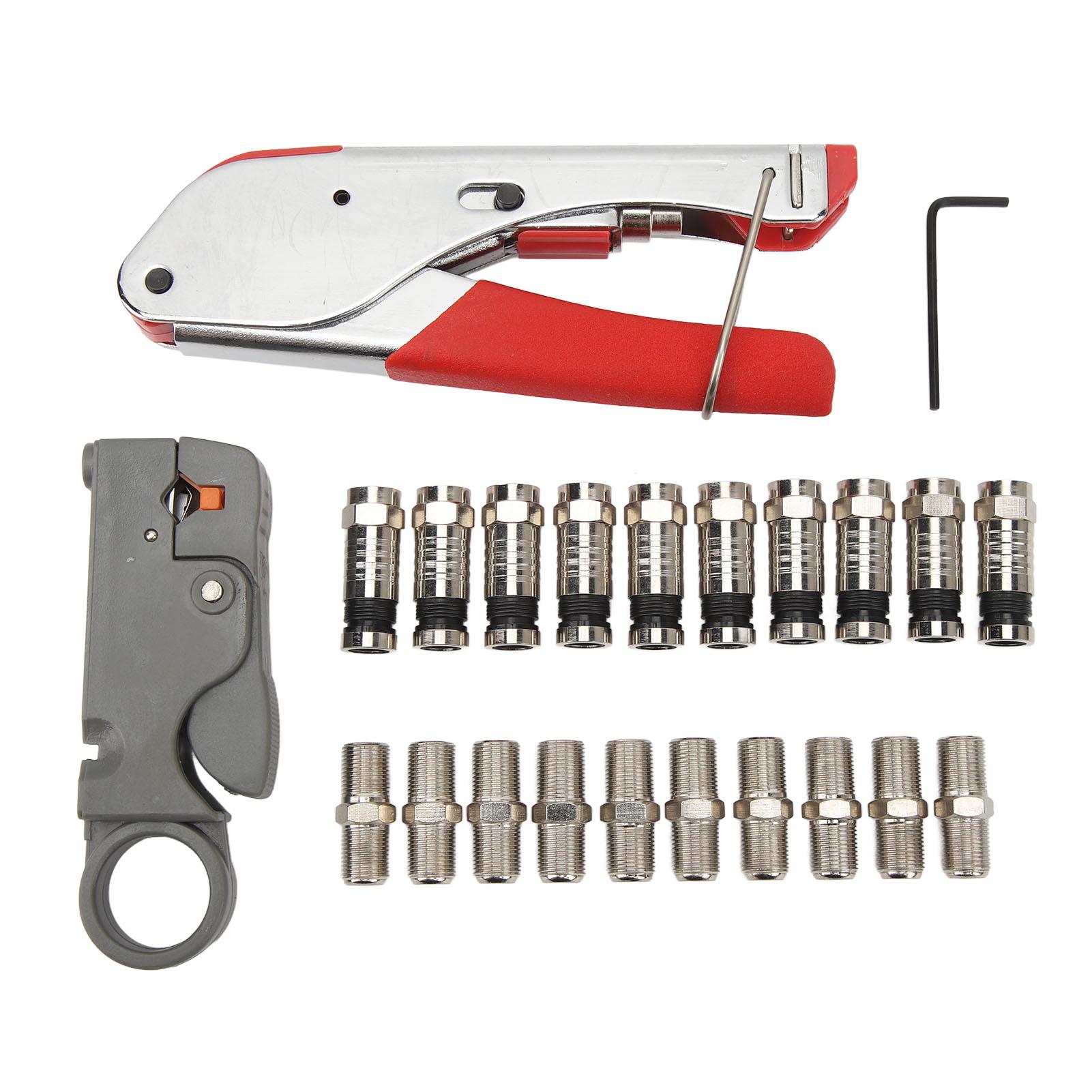 

Coax Cable Crimper Tool Kit Coaxial Compression Set with 1 Stripper 10 Set F Type RG6 Connectors