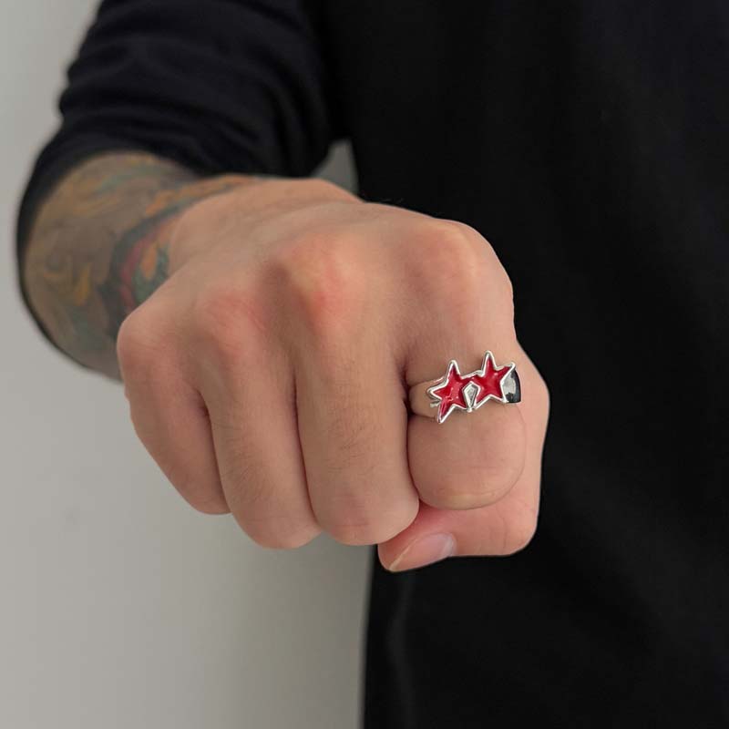 Vintage Black Drip Oil Pentagram Star Open Rings for Women Men Hip Hop Rock Metal Star Adjustable Couple Rings Zircon