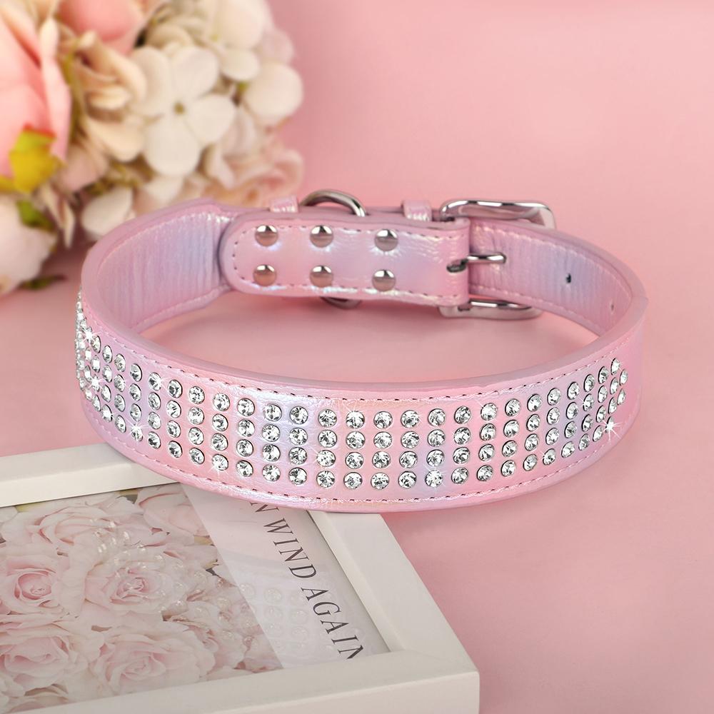 Bling Leather Dog Collar Crystal Big Dog Collars Bulk Rhinestone Pet Collar Accessories for Medium Large Dogs Bulldog Pink Black