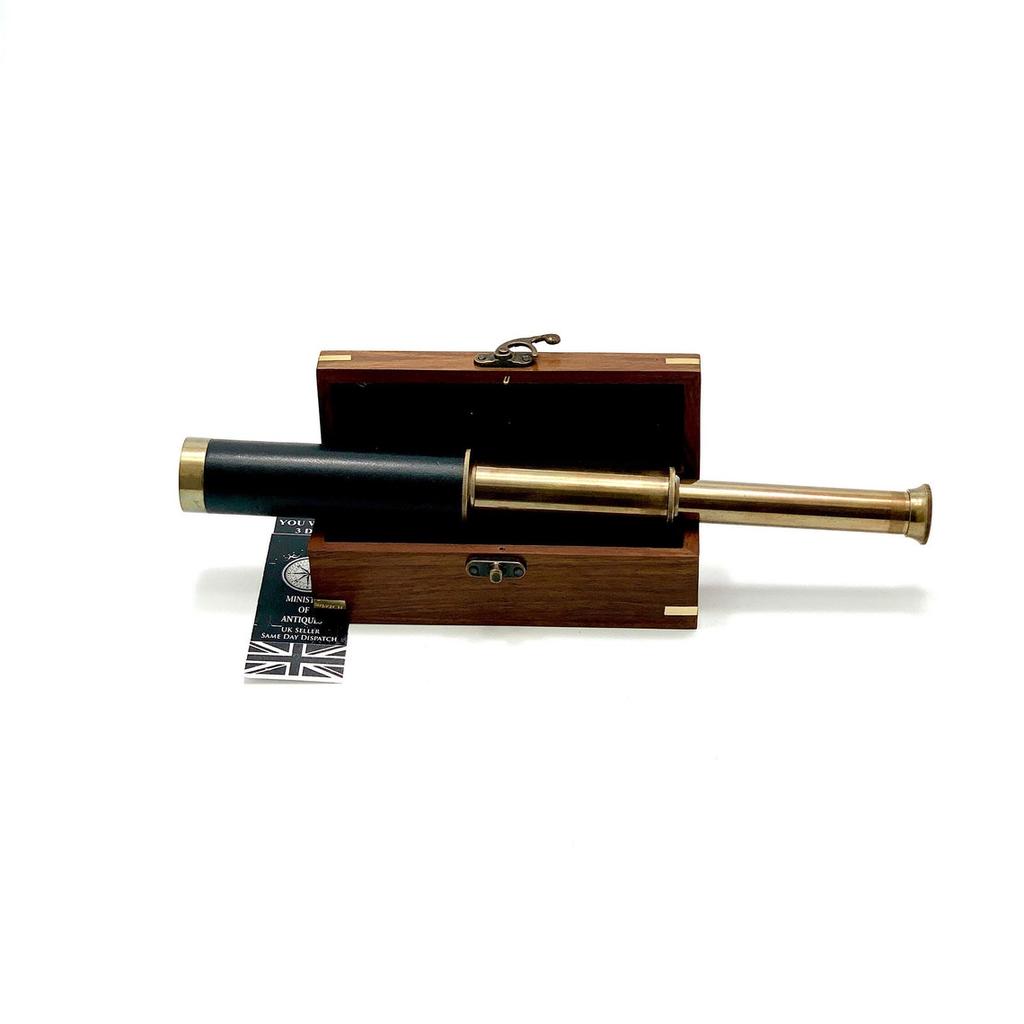 Antique Design Telescope Handheld, Wooden Box Optic Nautical Pirate Scope Spyglass, Leather Covered Telescope with Anchor Engraved Box