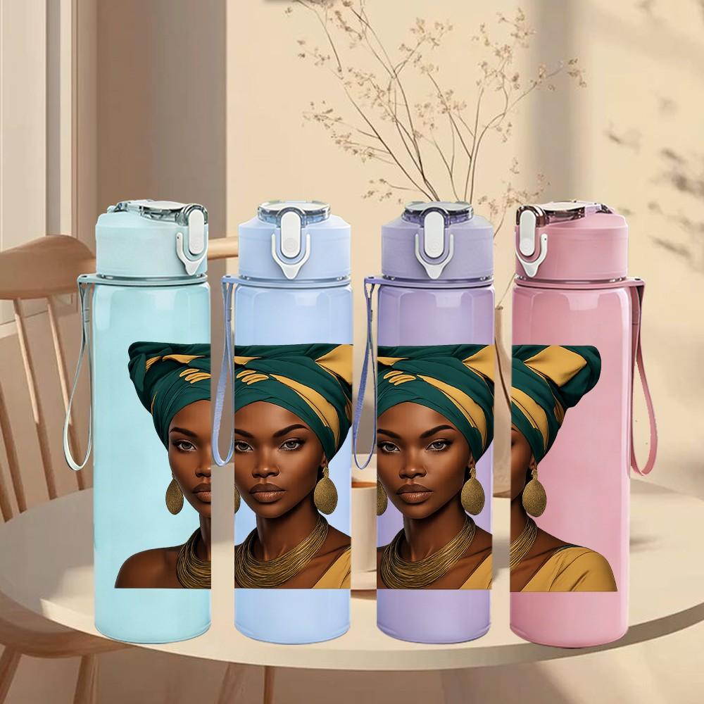1PC African Woman Ethnic Art Portrait Print 750ml Color Plastic Sports Water Bottle Leakproof Flip Straw Lid Suitable for Sports Office Home Use