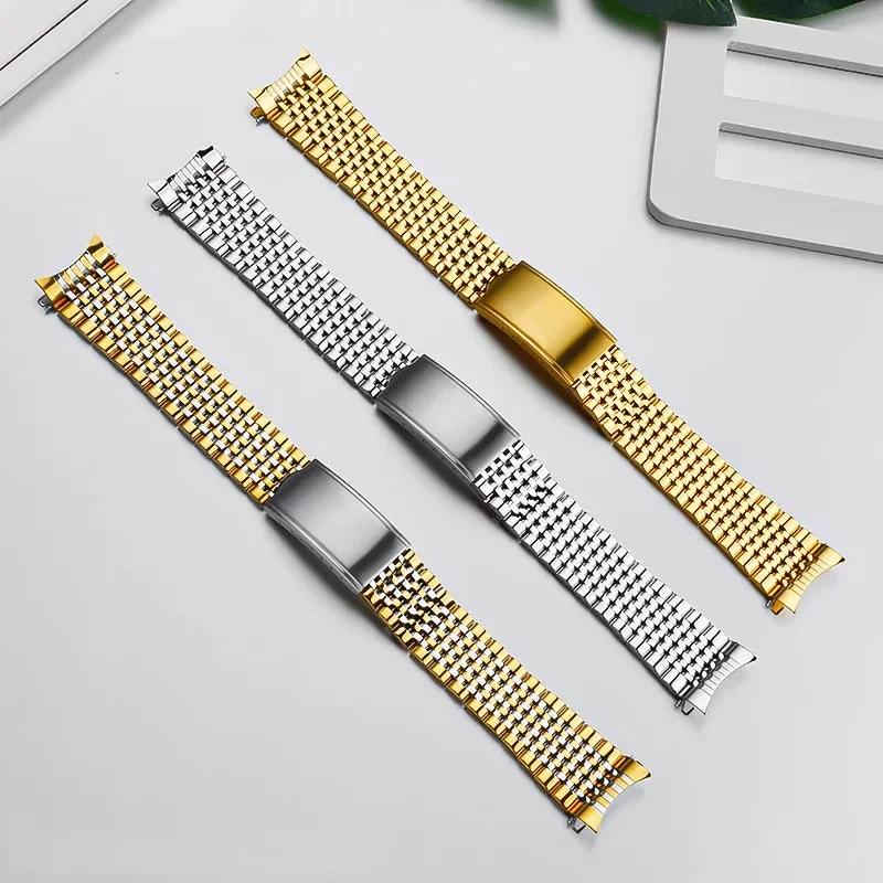 Curved End Watchband for Omega Seamaster Speedmaster DeVille Stainless Steel Strap 18mm 19mm 20mm Thin Bracelet Belt Silver Gold