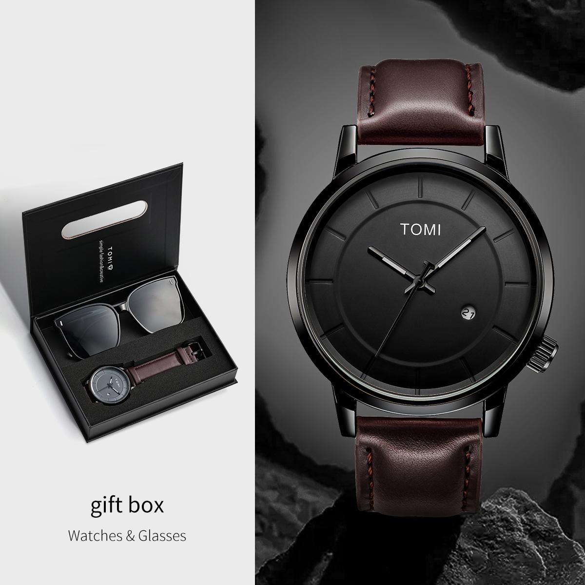 New 2PCS Casual Fashion Men Watch Gift Box Set Luxury Round Large Dial Calendar Men Quartz Watch Glasses Gift Box