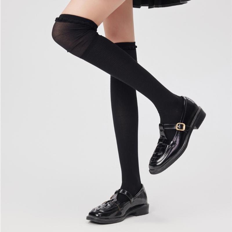 Solid Color Stretch Ruffle Trim Over Knee Long Socks for Women Japanese Student Sheer Mesh Splicing Thigh High Stockings
