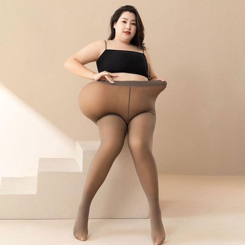 Women's Black See-Through Fake Sheer Flesh Thickened Fleece Lined Pantyhose Autumn Winter Outer Wear Leggings