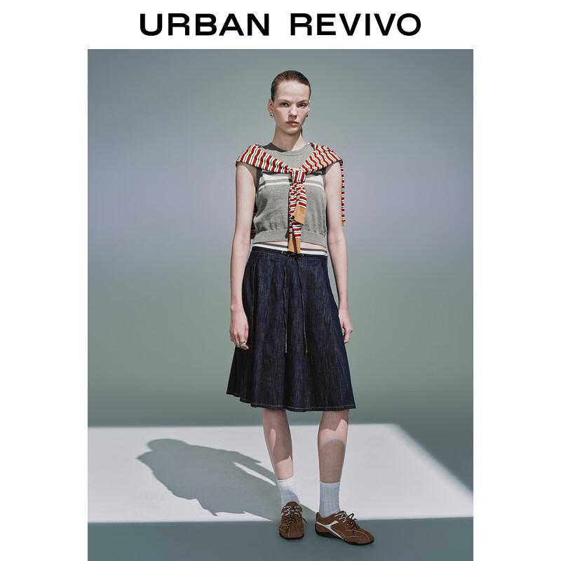 UR 2025 Summer Retro College Style Drawstring Denim Skirt XXS