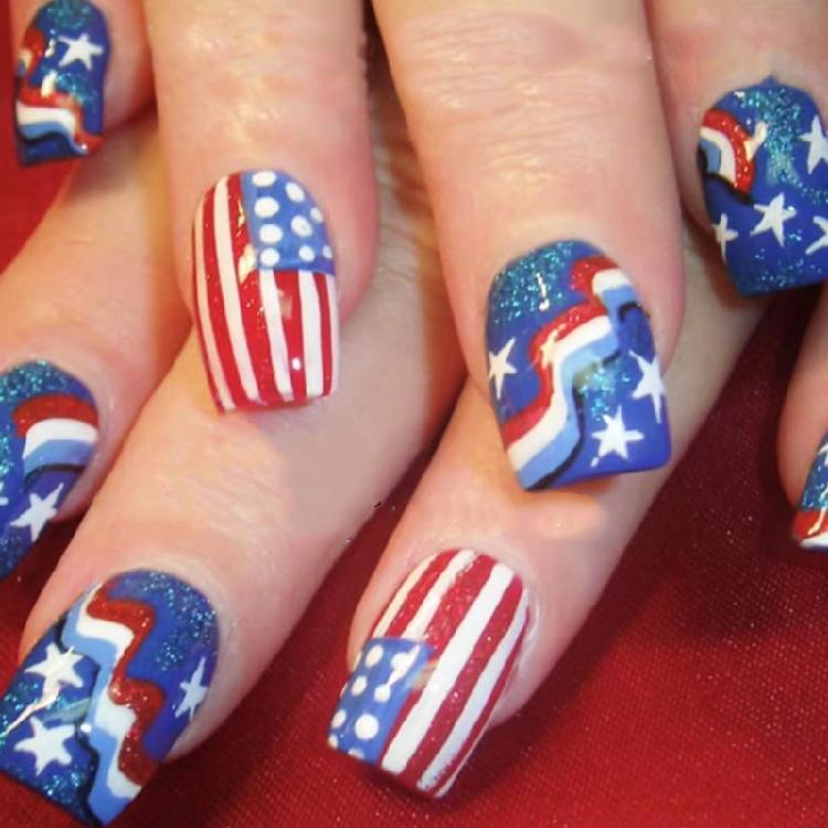 

Square False Nail French Tip Press on Nail Full Cover Fake Nail Independence Day Glues on Nail Patriotic False Nail 1