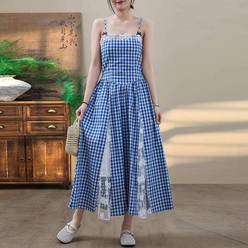 Gentle wind blue plaid suspender dress women's summer new waist thin lace long skirt