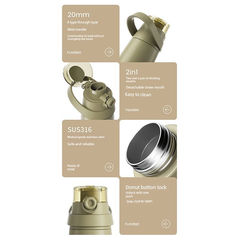 Holoholo Large-Capacity Thermos Cup 316 Stainless Steel Portable Sports Water Cup for Women with High Aesthetic Appeal and Straw