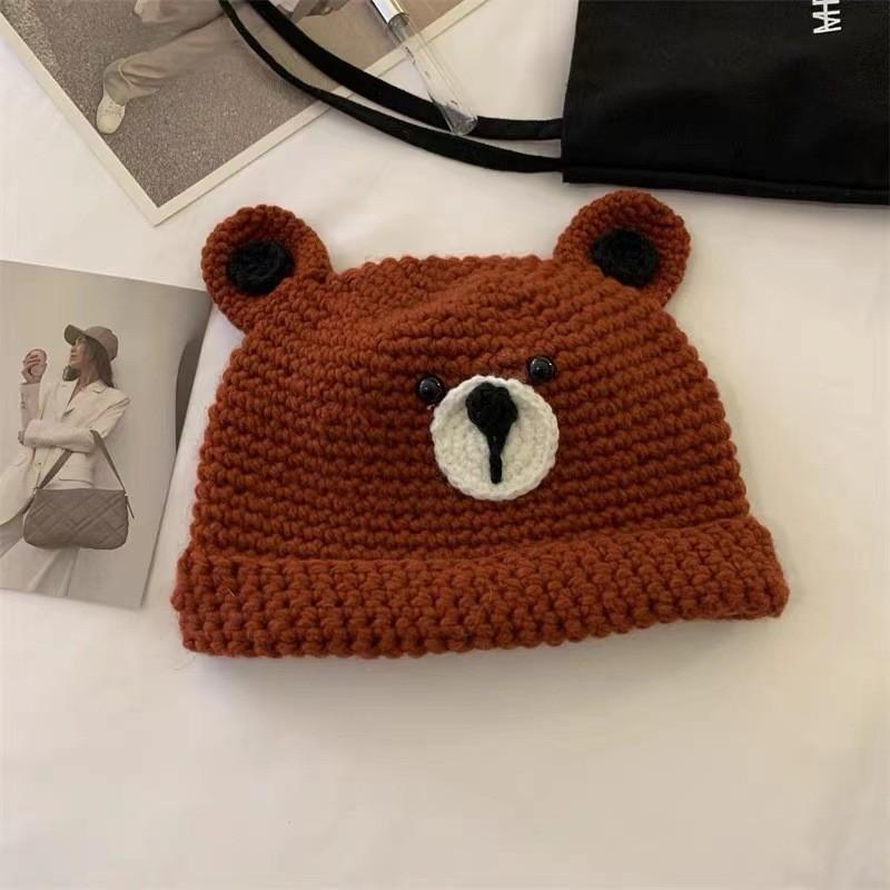 Adorable Bear Ear Knitted Cap For Women Ear Protection Headwear Face Slimming Handmade Hat Orange Red