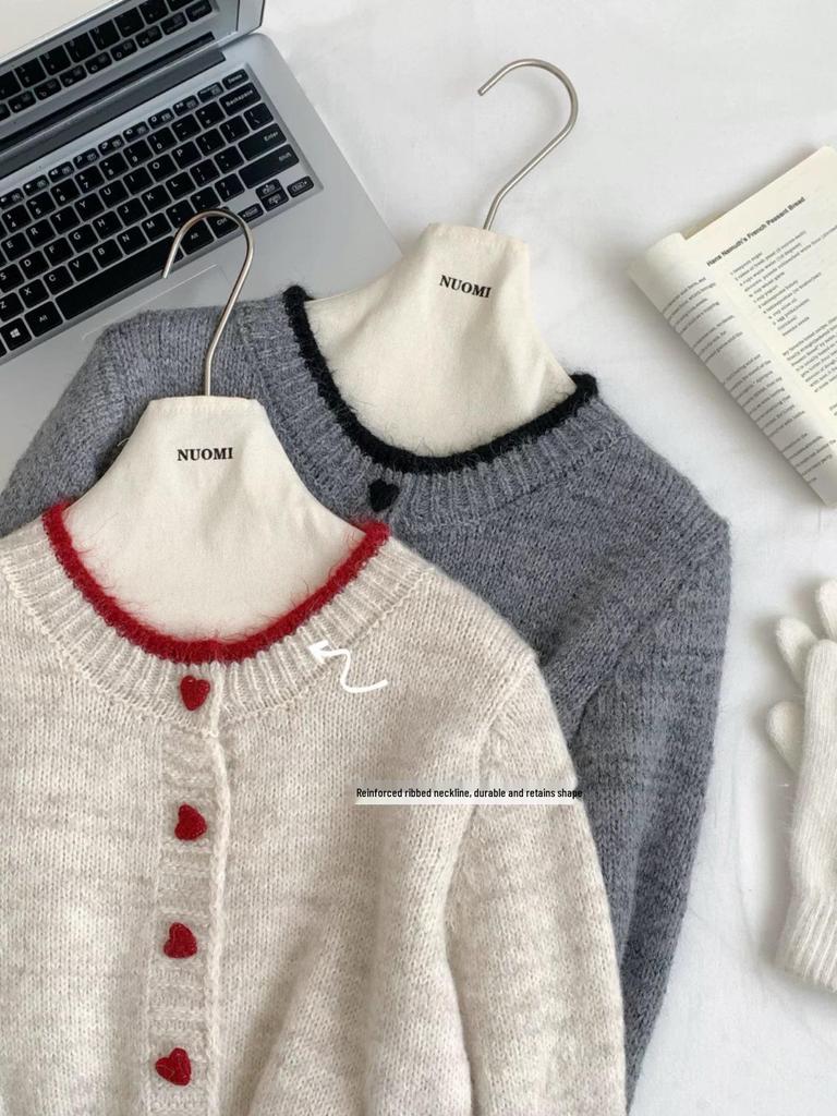 2026 Autumn/Winter Korean Style Heart Button Knit Cardigan - Women's Soft, Fluffy, Color Block, Short Round Neck Sweater Coat