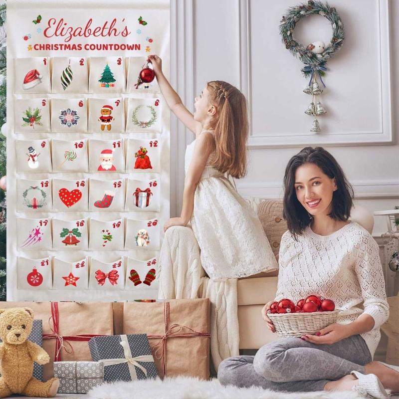 24 Numbered Advent Calendar Panel, Custom Fabric Christmas Wall Display for Entryways, Small Candy, Message Cards and Indoor Rooms