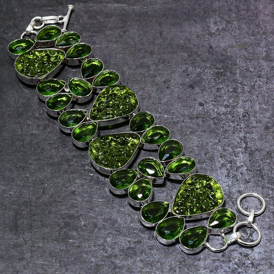 Moldavite Quartz Gemstone Handmade 925 Sterling Silver Bracelet 7-8" H7Z67
