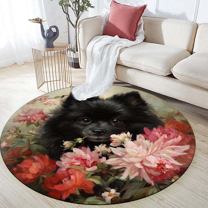 Pomeranian & Flowers pattern round rug,Carpet Rug for Living Room Bedroom Playroom ,Non-slip Floor Mat,Holiday Gifts and Birthday Gifts.