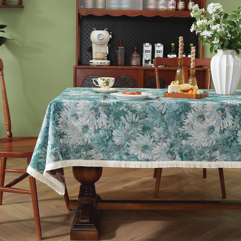 Retro Polyester Cotton Color Woven Jacquard Plant Fan-Shaped Flower Fringed Tablecloth Rectangular Coffee Table Tablecloth Dining Table Cloth