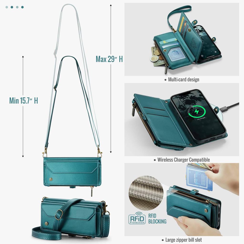 Per iPhone 17e 16e Custodia Portafoglio a Tracolla Blocco RFID Pelle PU Copertura Magnetica a Flip Porta 7 Carte Tasca con Zip Tracolla