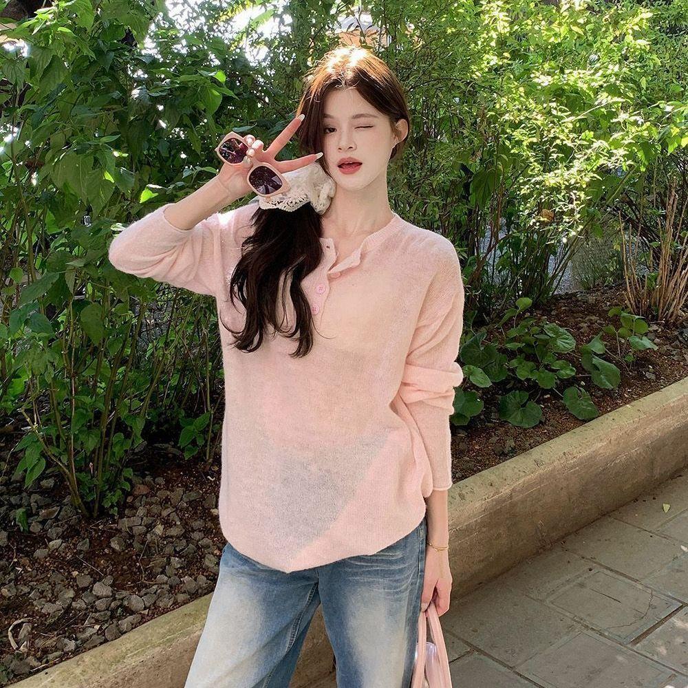 Lazy Style Solid Color Slightly Transparent Long Sleeved Knitted Shirt for Women's Summer Loose Sun Protection Cover Top