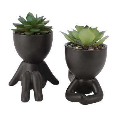 2pcs Artificial Succulent Flower Pot Cute Innovative Human Shaped Mini Fake Succulent Flower Pot for Home Desktop Decor