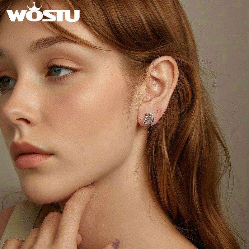 WOSTU 925 Sterling Silber Vintage Drache und Phönix Ohrstecker Paar Unsex Einzigartiger Schmuck Geschenk Für Mutter Tochter Frau