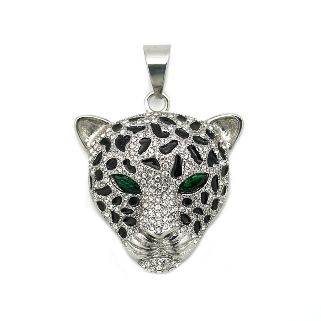 European and American Trendy Jewelry, Oversized, Gold-plated with Diamonds, Red, Green and Blue Eyes, Leopard Head Pendant.