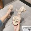 Fashion Flower Decoration Transparent Sandals Women Narrow Band Ankle Strap Gladiator Sandalias Mujer Med-high Heels Slides Big Size 43