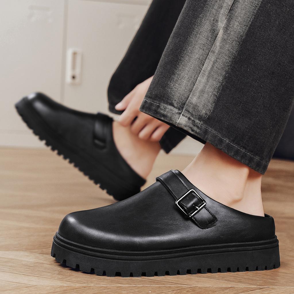 Platform Mules Mens Backless Loafers Slippers Thick Bottom Half Shoes For Men Slide Closed Toe Sandals Semi-Drag Casual Shoes