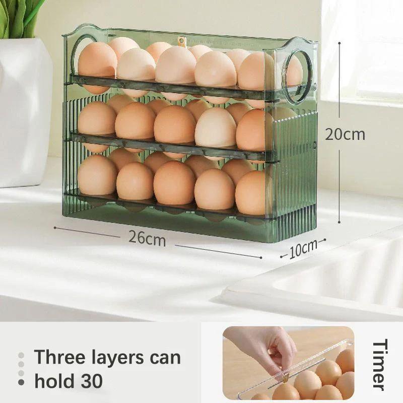 

2024 Держатель для яиц на холодильник, 30 ячеек, вращающийся контейнер для яиц на 3 яруса, контейнер для яиц на холодильнике, экономящий место на кухне, держатель для яиц зелёный