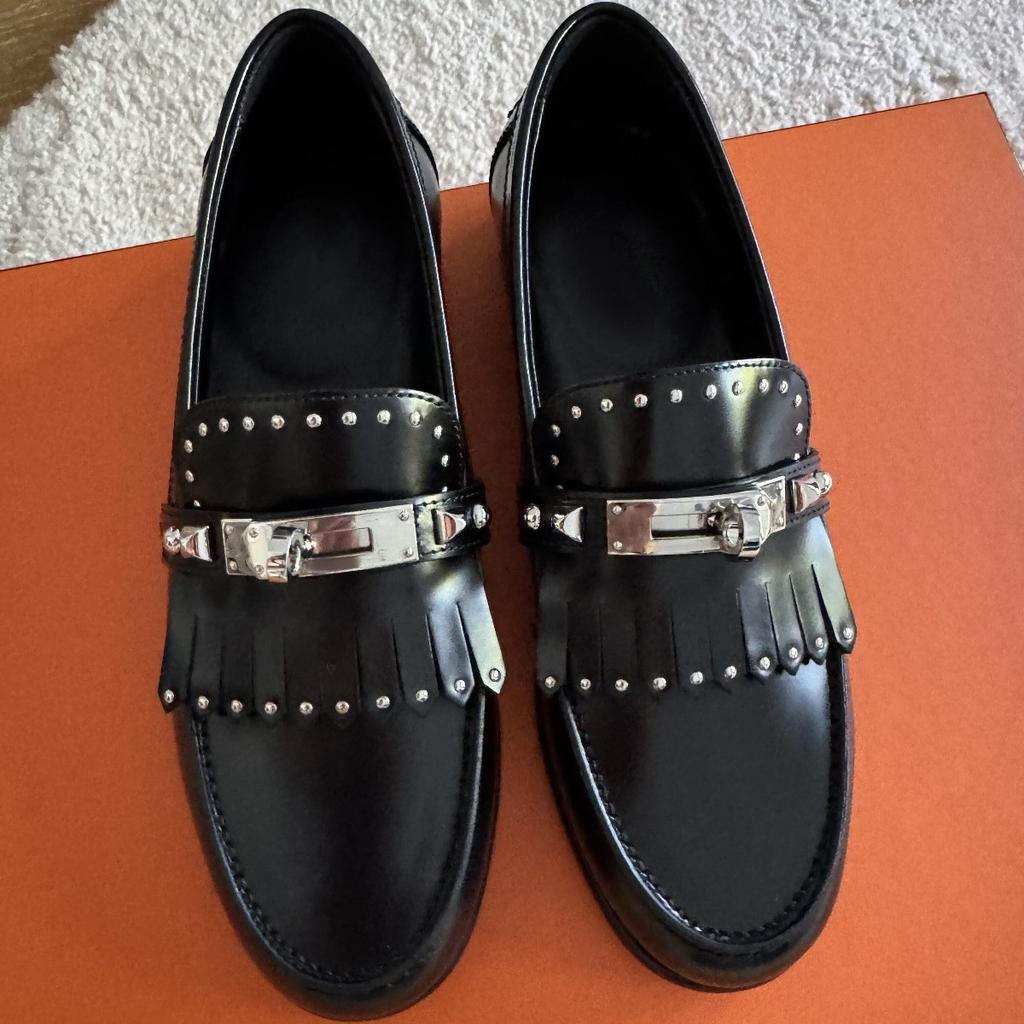 Sheepskin~ British style rivet leather thick-soled small leather shoes women's fringed small gold buckle lazy loafers flat single shoes