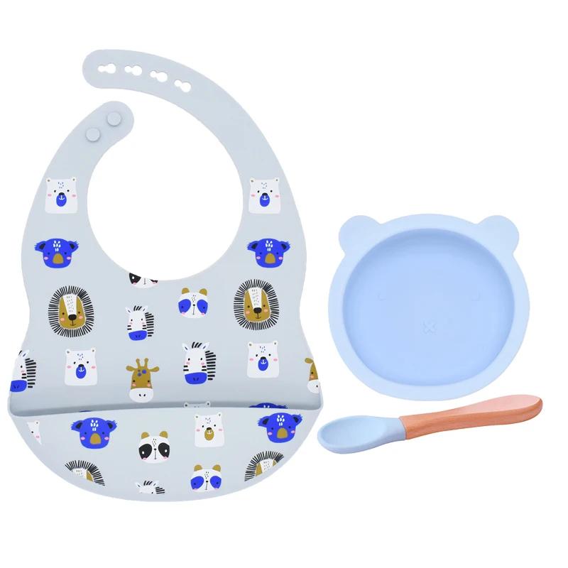 3Pcs/Set Baby Bibs Bowl Spoon Set Food Grade Silicone Baby Waterproof Plate Baby Tableware Toddler Feeding BPA FREE