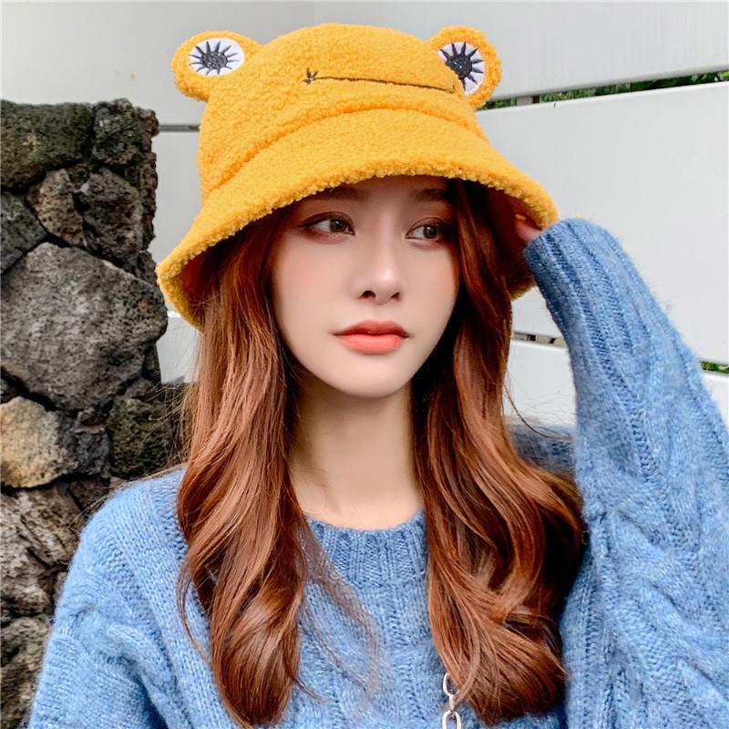 Neuer Winter Kinder-Eltern Frosch Stickerei Fischerhut Kordel Verstellbar Panama Outdoor Fischerhut Lächeln Winter Warm Bob Hut