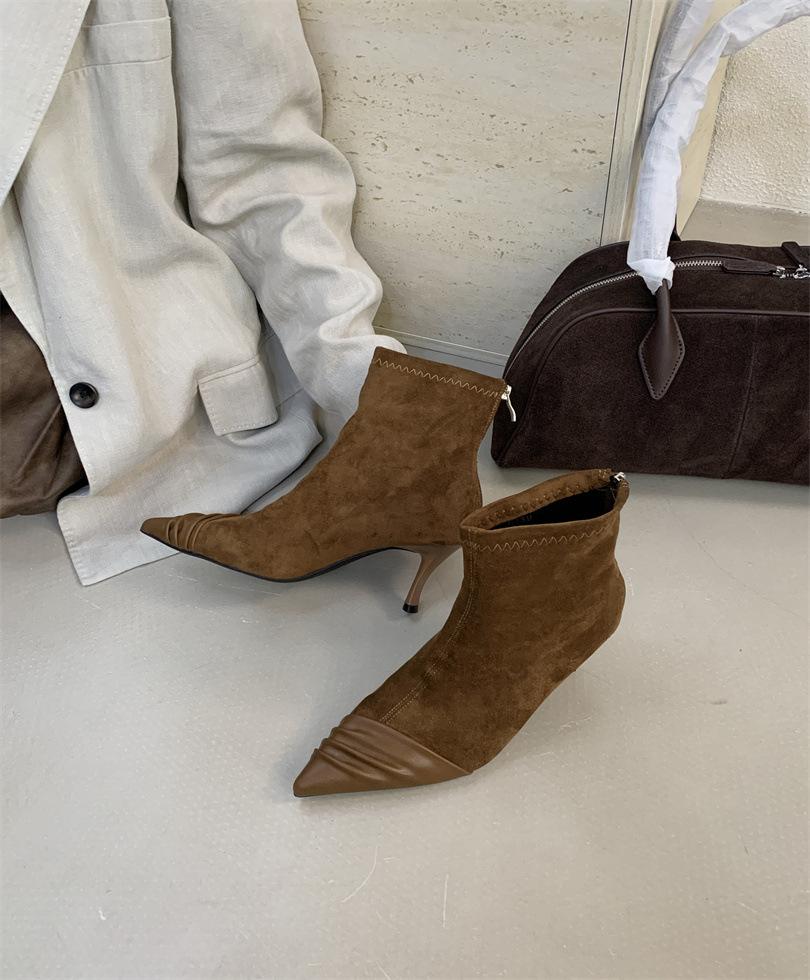 

Женские ботильоны на низком каблуке с комбинированной поверхностью, обувь 2025 осень и зима, новые остроносые замшевые тонкие ботильоны, модные ботильоны на скрытой платформе 39 светло-коричневого