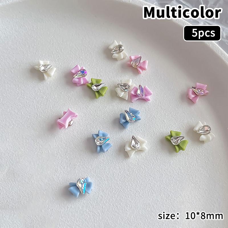 5 Pcs 3D Resin Nail Art Bow Charms With Teardrop Rhinestone Crystal Diamond Accessories Nails Decoration Supplies Material